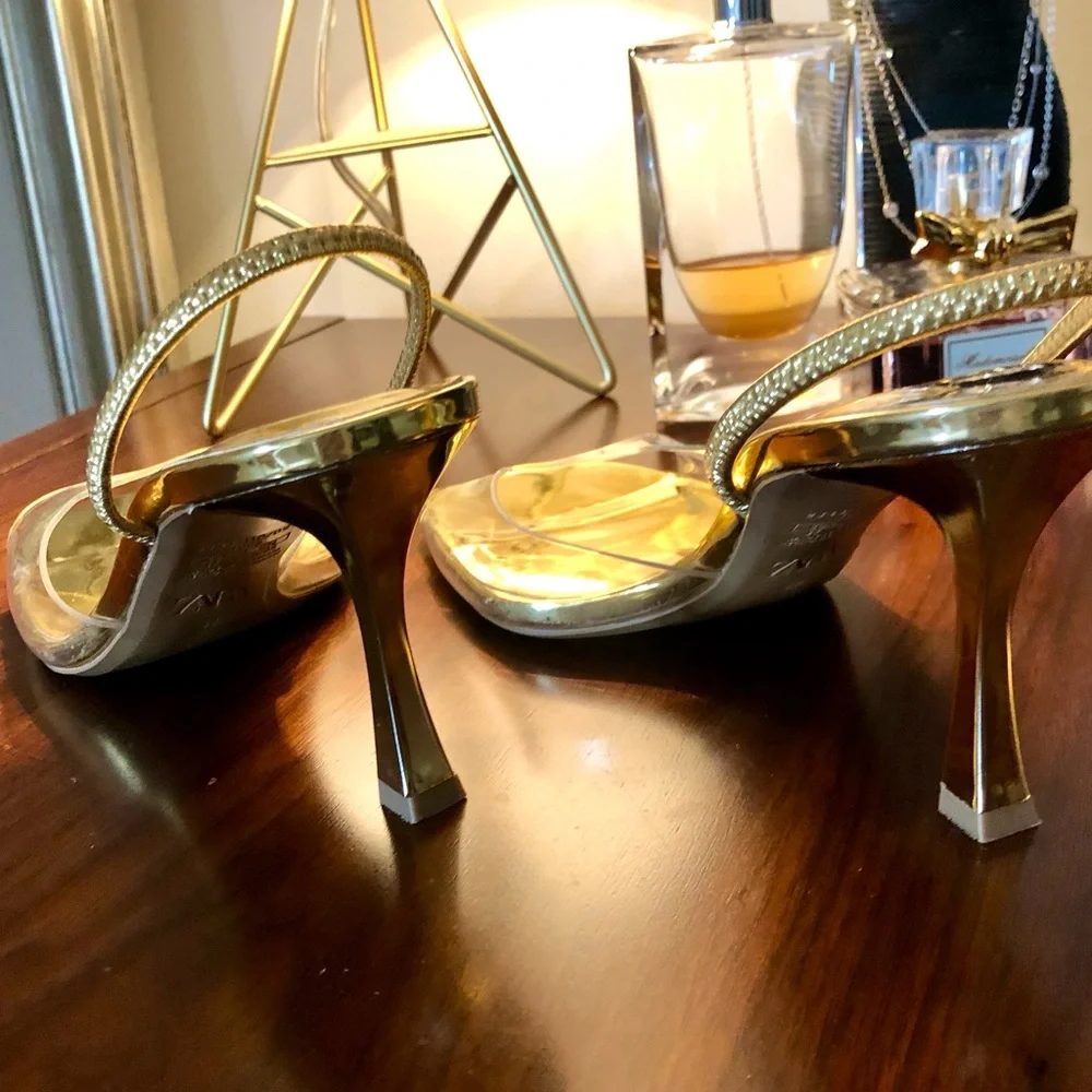 ZARA Gold Metallic Heel Sandals with Clear Strap - Picture 5 of 6